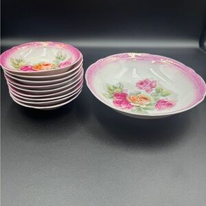 Vintage OG China German Pink Floral Bowls Set with Serving Dish